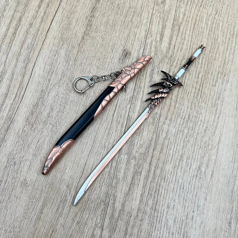 Anime-style zinc alloy sword replica with dragon details and sheath on wood surface, BlacksmithSONG collectible.