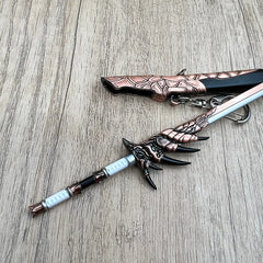 Anime-style zinc alloy collectible sword replica with dragon design on wood, BlacksmithSONG.