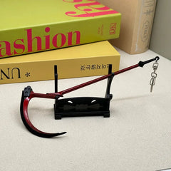 Anime-style zinc alloy scythe replica on display stand, collectible for cosplay and display