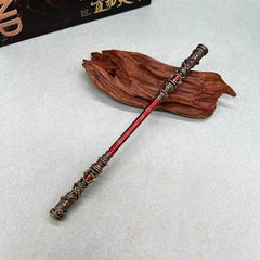 Anime-style zinc alloy staff replica with red and gold details on wood display, BlacksmithSONG collectible.