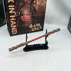 1:6 scale anime-style red and gold zinc alloy staff replica on display stand, BlacksmithSONG collectible
