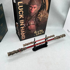 1:6 anime-style zinc alloy weapon replica staff with ornate details on display stand, BlacksmithSONG collectible.