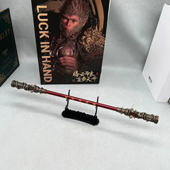 1:6 anime-style zinc alloy Sun Wukong staff replica on stand, display box in background