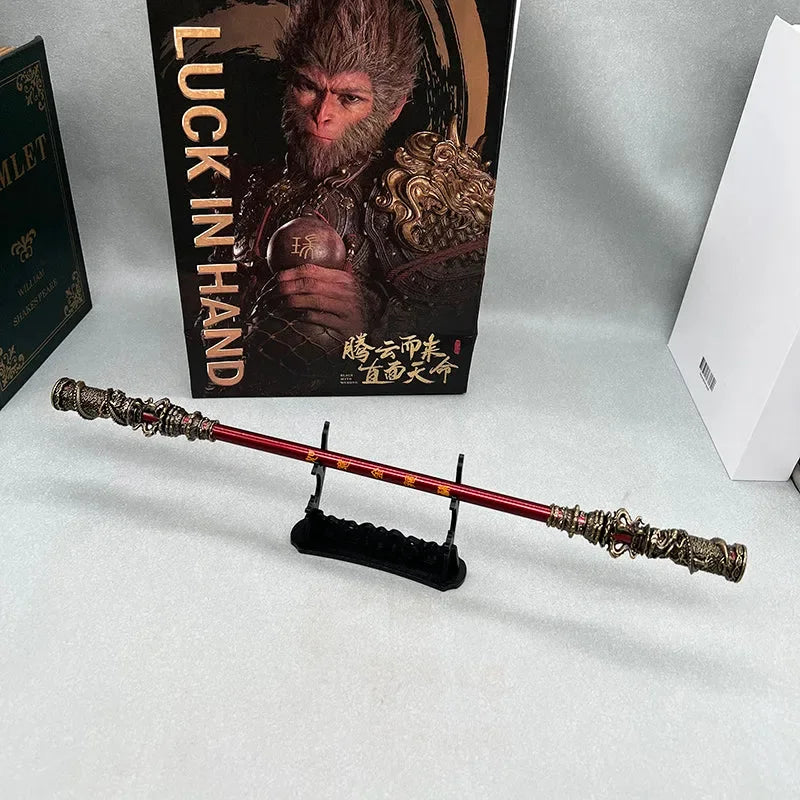 1:6 anime-style zinc alloy Sun Wukong staff replica on stand, display box in background