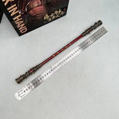 1:6 anime-style zinc alloy replica staff with ornate ends beside a ruler, BlacksmithSONG collectible