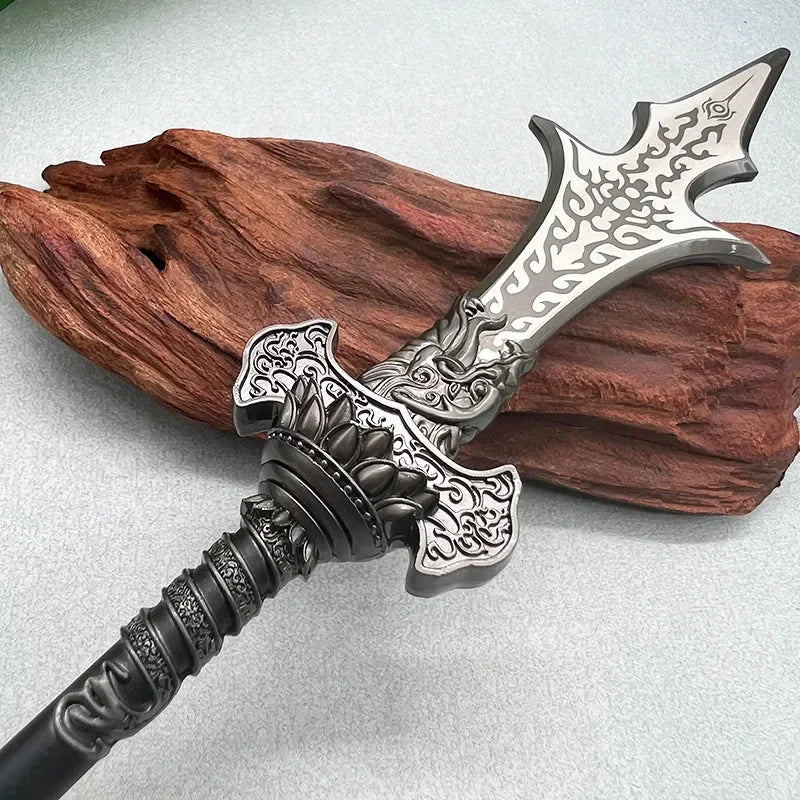 Intricately detailed 1:6 anime-style zinc alloy sword replica on wooden stand, collectible display