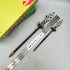 Two 1:6 anime-style zinc alloy weapon replicas with ornate blades on a ruler, BlacksmithSONG display collectibles