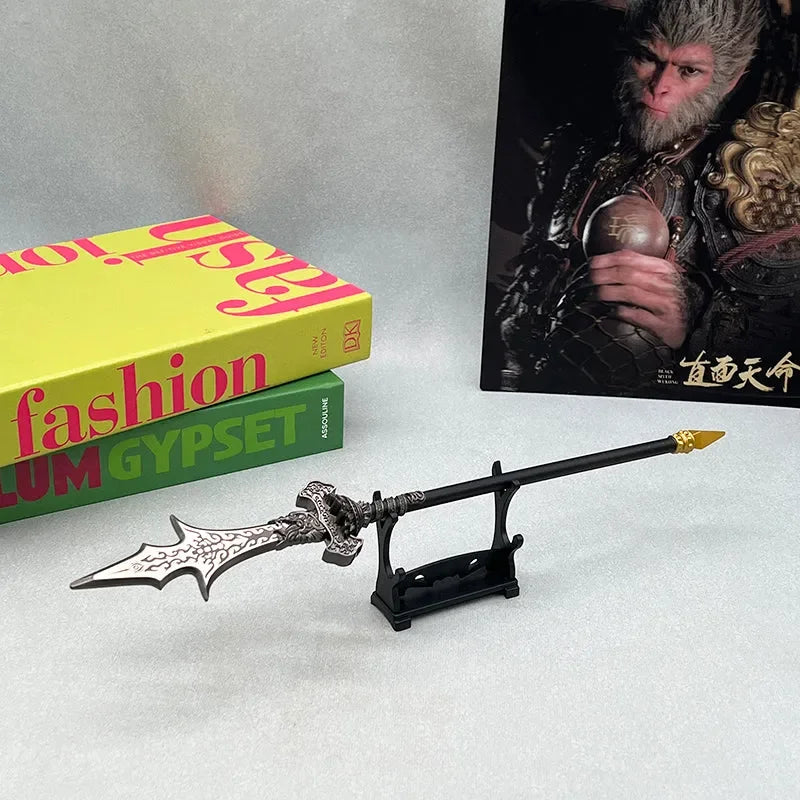 1:6 scale anime-style zinc alloy spear replica on stand, display books and fantasy artwork backdrop