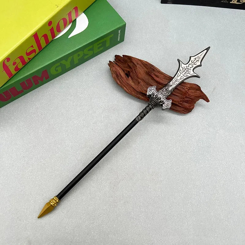 Anime-style zinc alloy collectible weapon replica on display with books, BlacksmithSONG