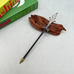 Anime-style zinc alloy spear replica with ornate blade on wood, BlacksmithSONG collectible.