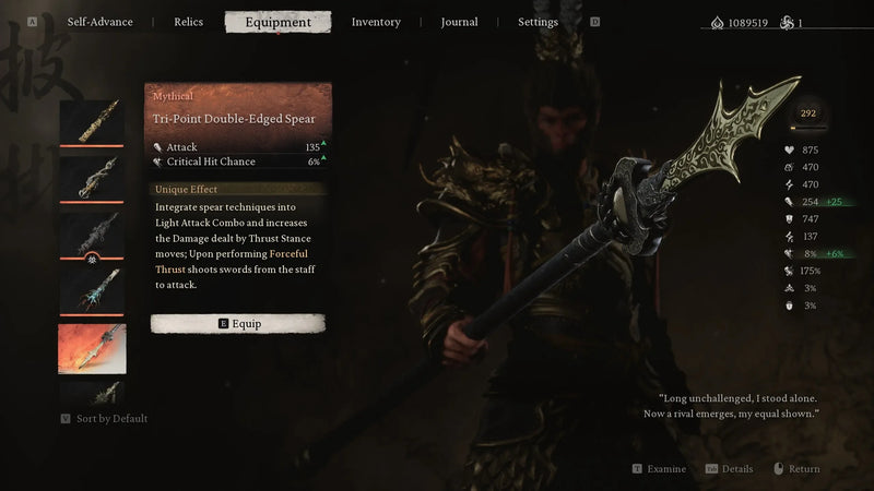 Game character in ornate armor holding Tri-Point Double-Edged Spear, weapon stats displayed