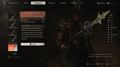 Game character in ornate armor holding Tri-Point Double-Edged Spear, weapon stats displayed