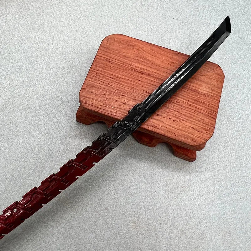 1:6 anime-style zinc alloy katana replica with jagged blade on wooden display stand