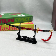 1:6 anime-style zinc alloy katana replica with red and black handle on display stand