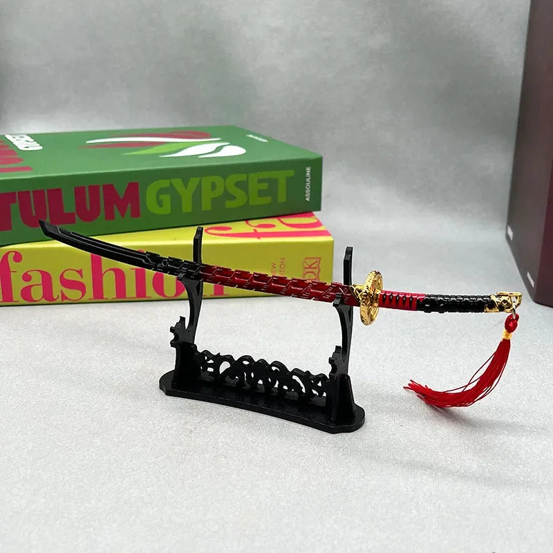 1:6 anime-style zinc alloy katana replica with red and black handle on display stand