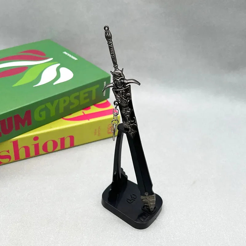 Anime-style zinc alloy sword replica on stand, display books in background, BlacksmithSONG collectible