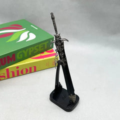 Anime-style zinc alloy sword replica on stand, display books in background, BlacksmithSONG collectible