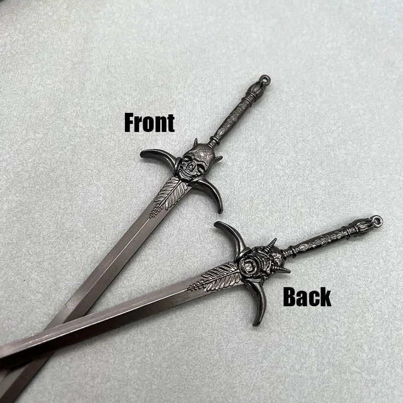 Anime-style 1:6 zinc alloy sword replicas with detailed hilt on gray background, front and back view