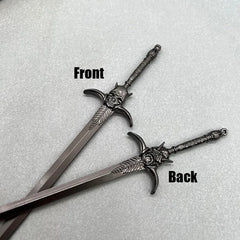 Anime-style 1:6 zinc alloy sword replicas with detailed hilt on gray background, front and back view