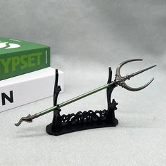 Anime-style zinc alloy trident replica on display stand, collectible cosplay weapon