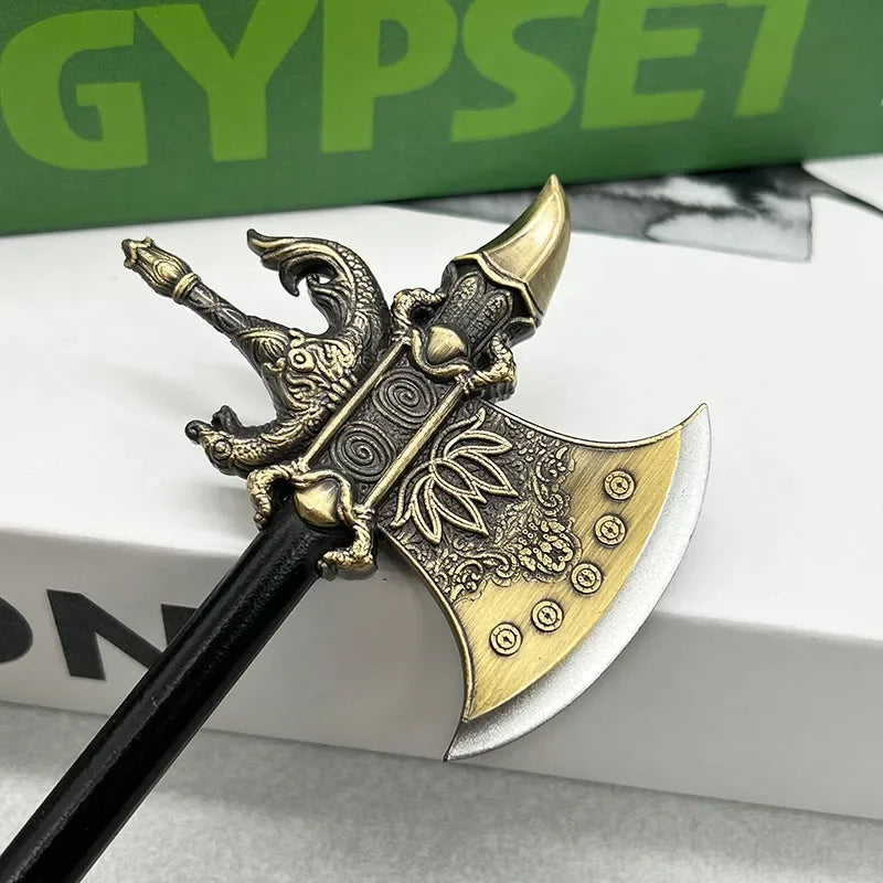 Anime-style ornate zinc alloy axe replica collectible from BlacksmithSONG on white box.