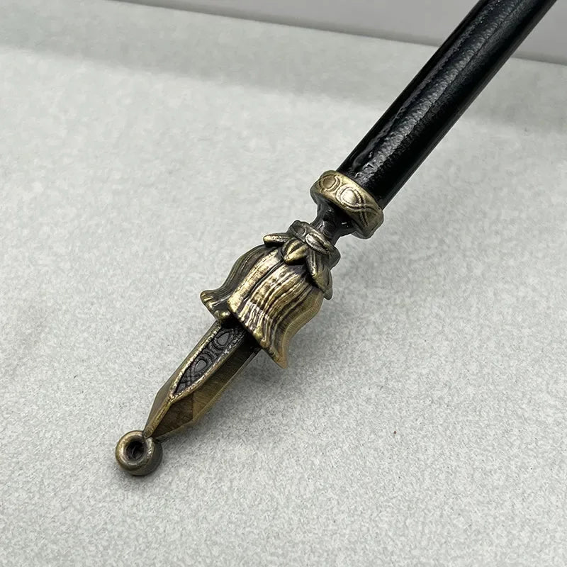 Detailed close-up of ornate anime-style zinc alloy sword replica with bronze accents, BlacksmithSONG collectible.