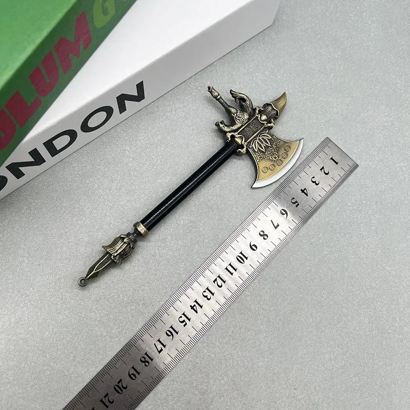 1:6 scale anime-style decorative zinc alloy axe replica beside a ruler on display