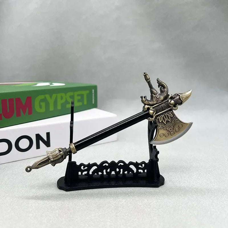 Anime-style zinc alloy battle axe replica on a display stand, collectible decor