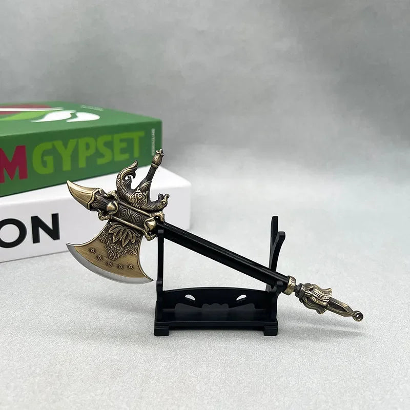Anime-style zinc alloy axe replica on display stand, collectible weapon by BlacksmithSONG