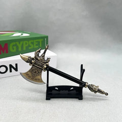 Anime-style zinc alloy axe replica on display stand, collectible weapon by BlacksmithSONG
