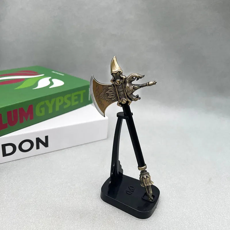 1:6 anime-style ornate zinc alloy axe replica on display stand, collectible decor