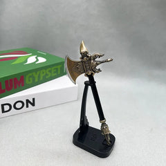 1:6 anime-style ornate zinc alloy axe replica on display stand, collectible decor