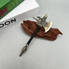 Anime-style zinc alloy axe replica with intricate gold details from BlacksmithSONG on display.