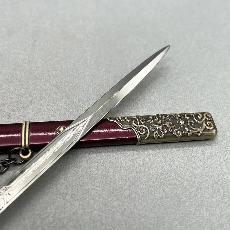 Anime-style 1:6 zinc alloy sword replica with ornate sheath on gray background