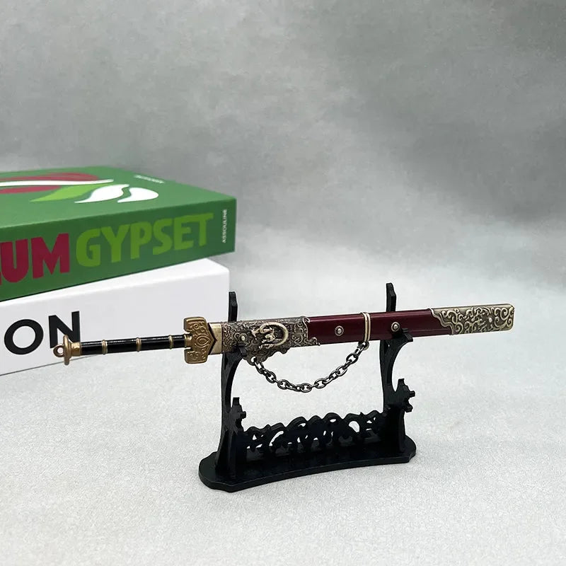 1:6 anime-style zinc alloy sword replica with ornate scabbard on display stand, BlacksmithSONG collectible