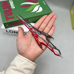 Hand holding a 1:6 scale anime-style zinc alloy weapon replica in red and black, collectible display.