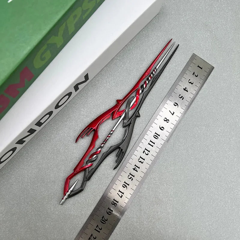 1:6 scale anime-style zinc alloy weapon replica in red and black, displayed with ruler