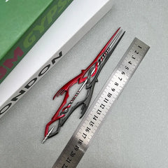 1:6 scale anime-style zinc alloy weapon replica in red and black, displayed with ruler