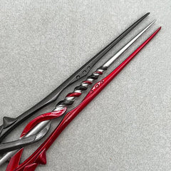 Anime-style zinc alloy weapon replica with twisted black and red design on gray background