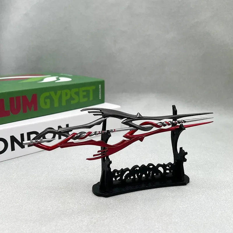 Anime-style zinc alloy spear replica with red and black design on display stand, BlacksmithSONG collectible.