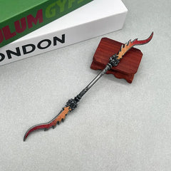 Anime-style 1:6 zinc alloy double-ended flame spear replica on display stand
