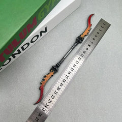 1:6 scale anime-style zinc alloy double-bladed replica weapon beside ruler on gray surface.
