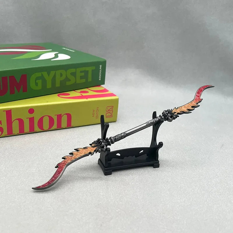 Anime-style zinc alloy weapon replica on display stand, collectible cosplay decor