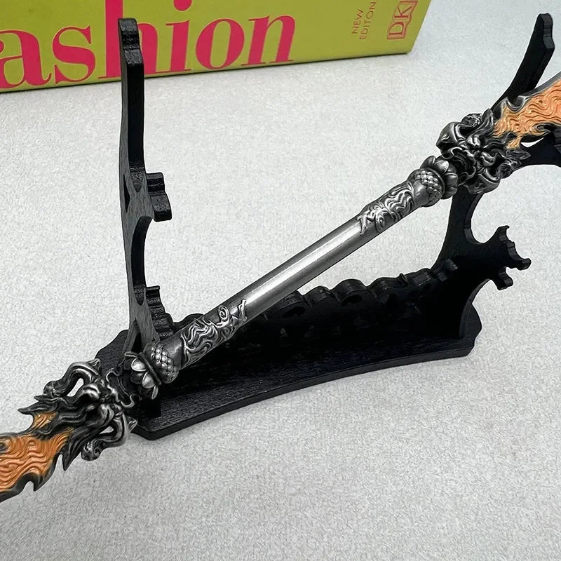 Anime-style 1:6 zinc alloy collectible sword replica with dragon details on display stand