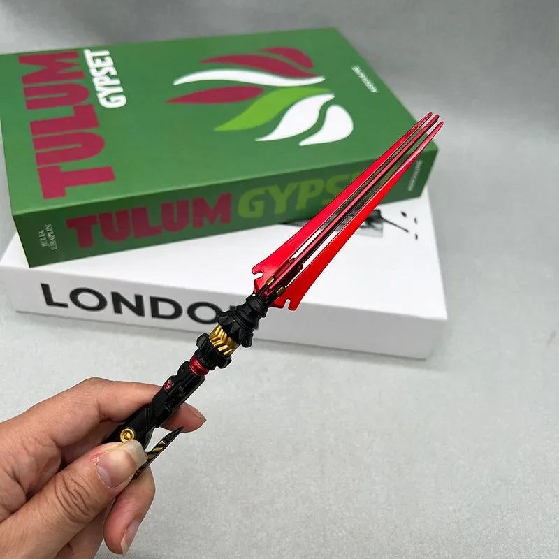 Hand holding 1:6 anime-style zinc alloy red trident replica from BlacksmithSONG