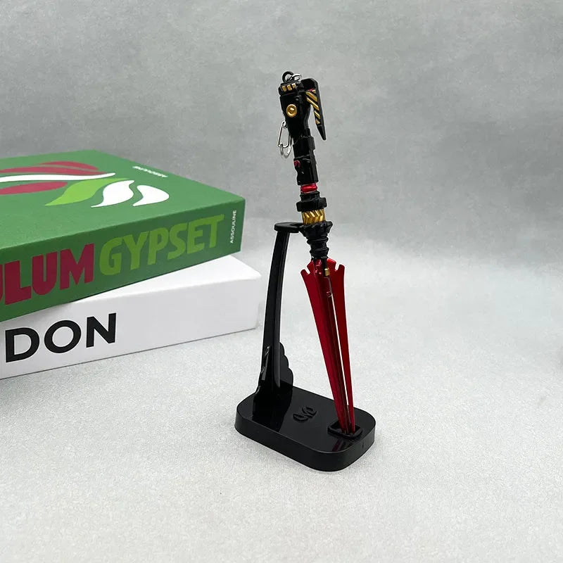 1:6 anime-style zinc alloy weapon replica with red and black details on display stand