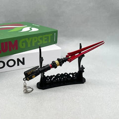 Anime-style red zinc alloy weapon replica on black stand, collectible for display and cosplay
