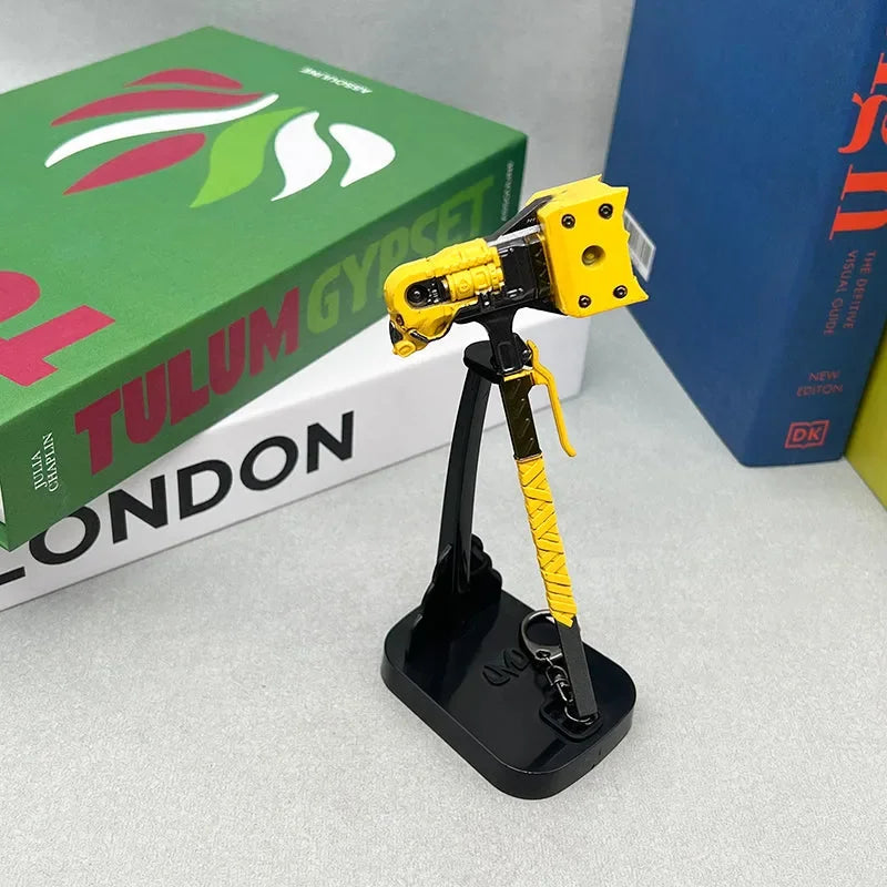 1:6 anime-style yellow and black zinc alloy hammer replica on display stand, collectible weapon