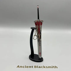 1:6 scale anime-style zinc alloy sword replica with red accents on a display stand, Ancient Blacksmith text