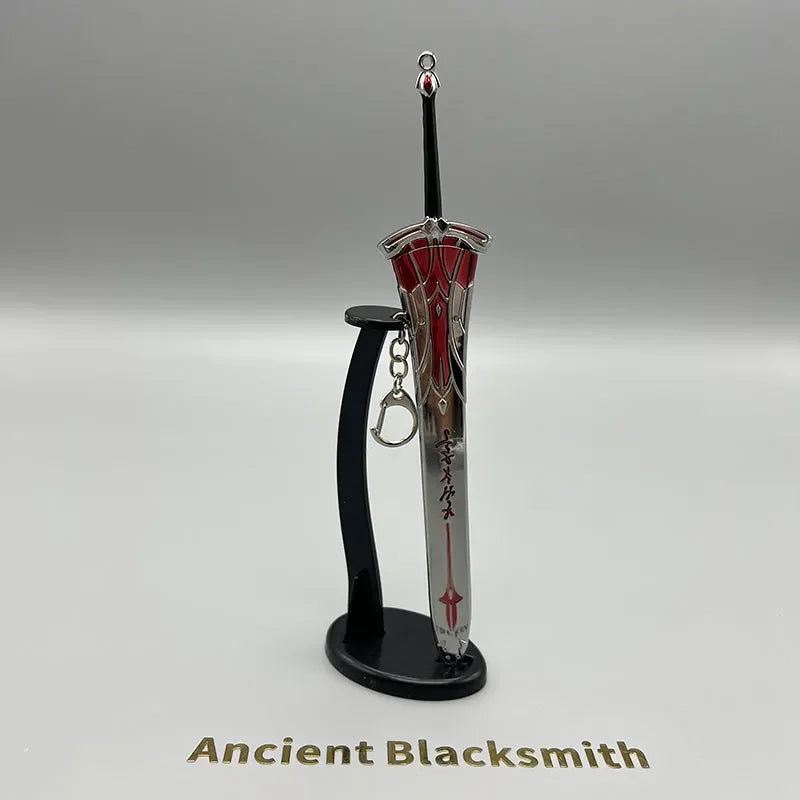1:6 scale anime-style zinc alloy sword replica with red accents on a display stand, Ancient Blacksmith text